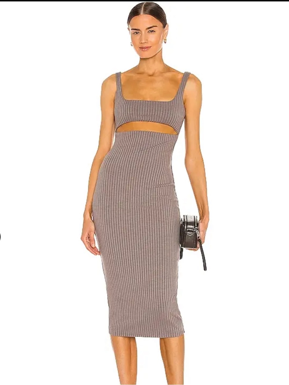 h:ours Taupe Ribbed Cutout Midi Dress
